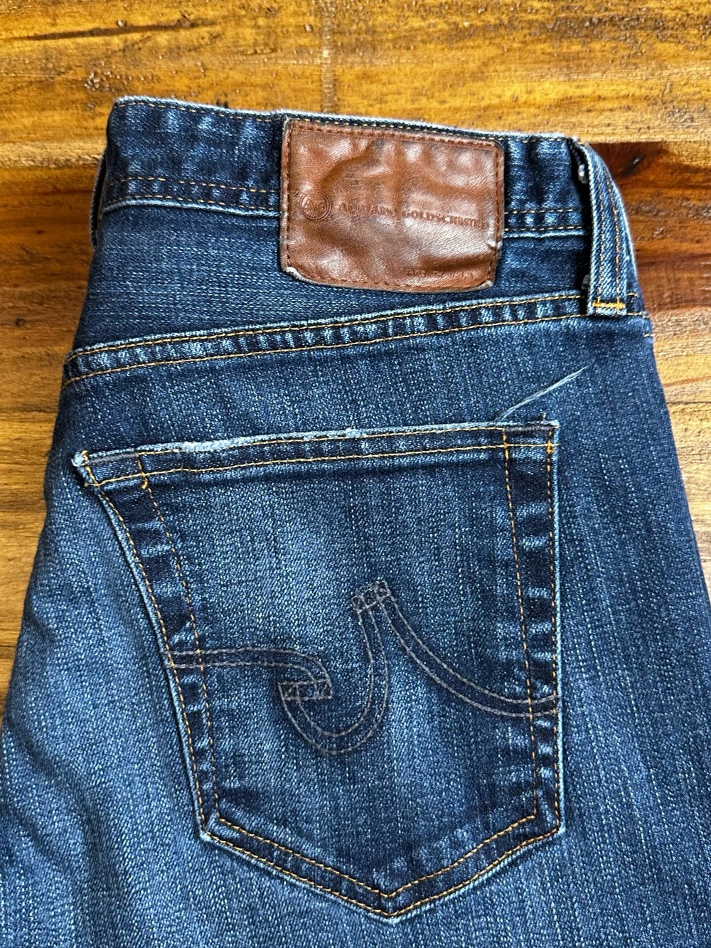 AG Adriano Goldschmied Slim Straight Jeans in Deep Blue with Brown Patch - Picture 2 of 7